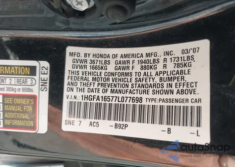 2007 Honda Civic Lx z USA, uszkodzony, nr VIN 1HGFA16577L077698